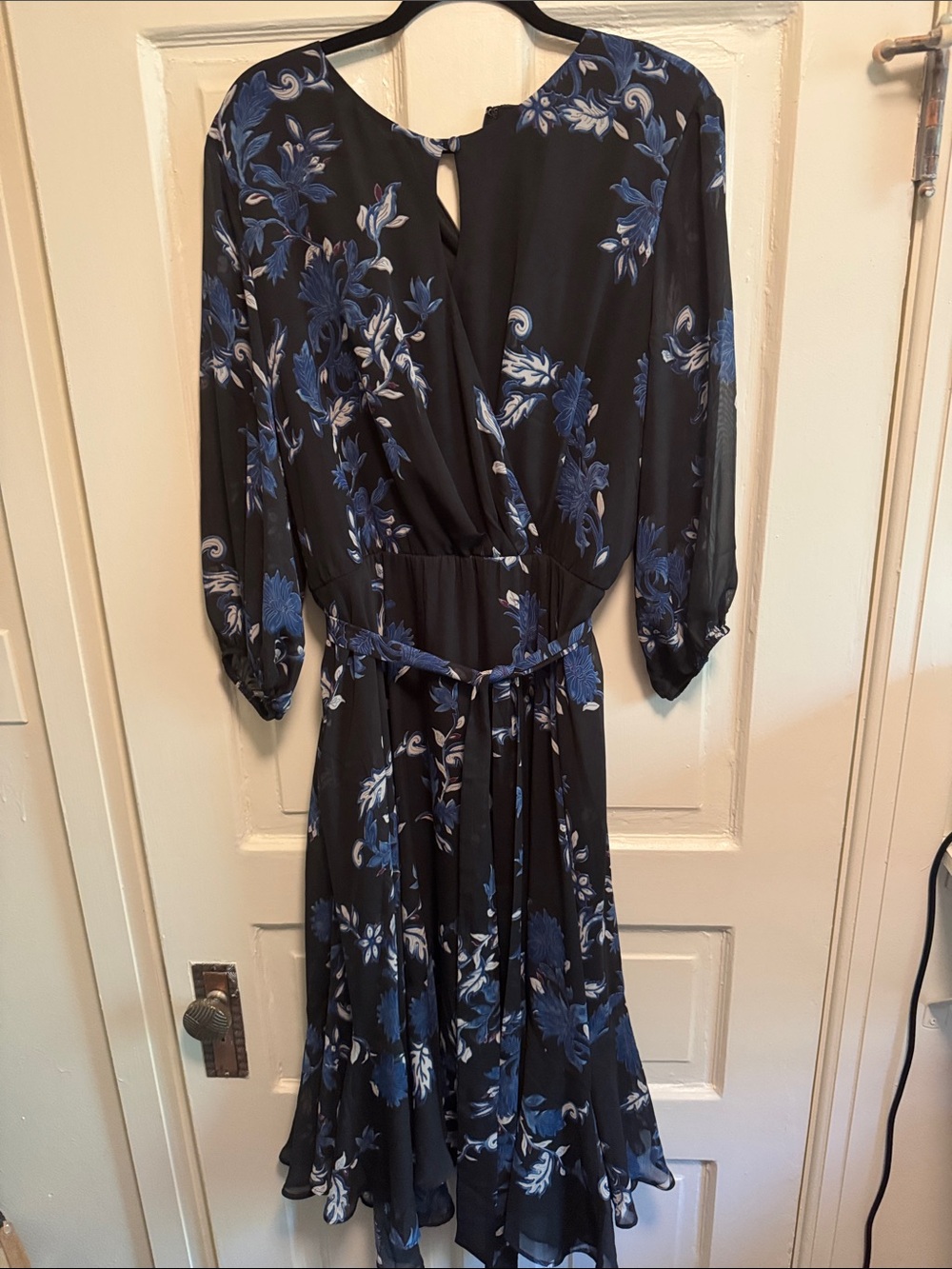 Lane Bryant Black Floral Wrap-Style Midi Dress with Blue Print